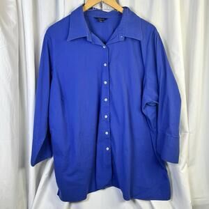 Lands End No Iron Broadcloth Shirt Womens 24W Cobolt Blue 3/4 Sleeves Button Up